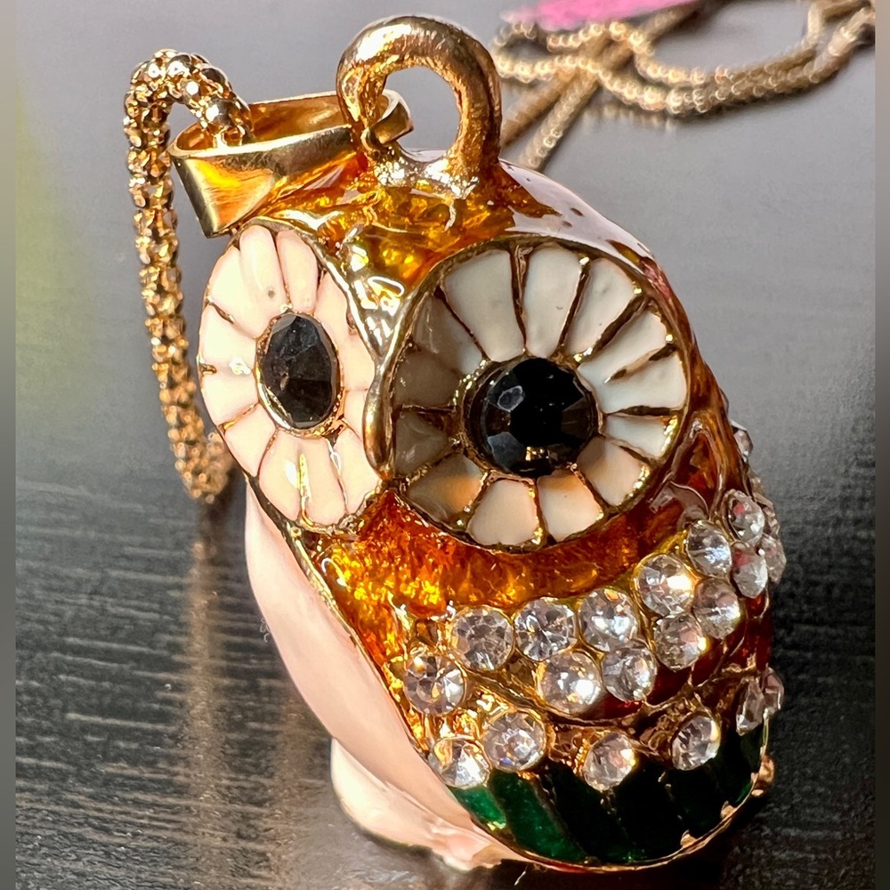 🦉 NWT! Owl Rhinestone & Enamel Necklace - Picture 2 of 9